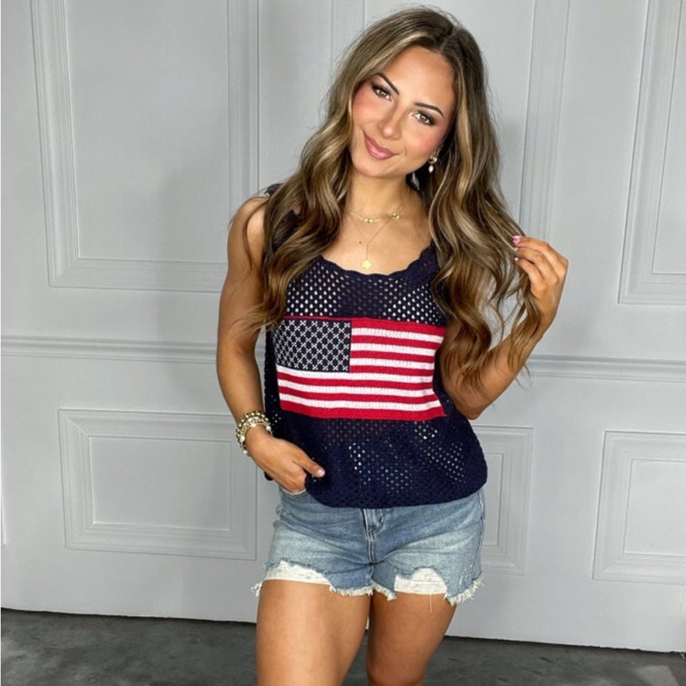 White Birch Blue and Red Tank Top American Flag Crochet Top Navy USA Patriotic